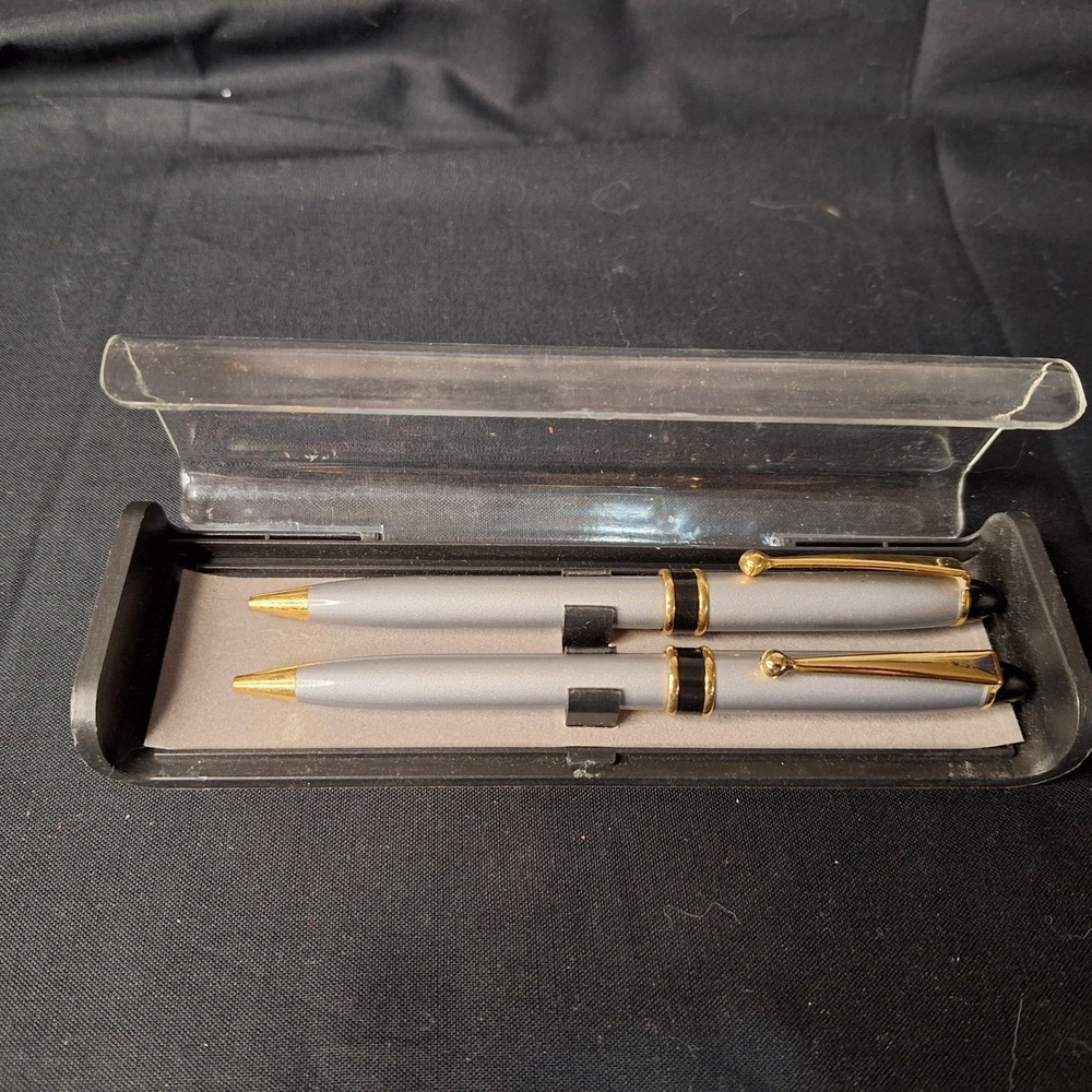 Vintage Silver and Gold Tone Two Ballpoint Pens set with Case